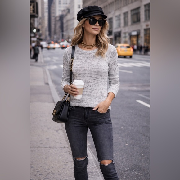 LOFT Sweaters - ANN TAYLOR LOFT Women’s White & Black Marled Boat Neck Pullover Sweater XL